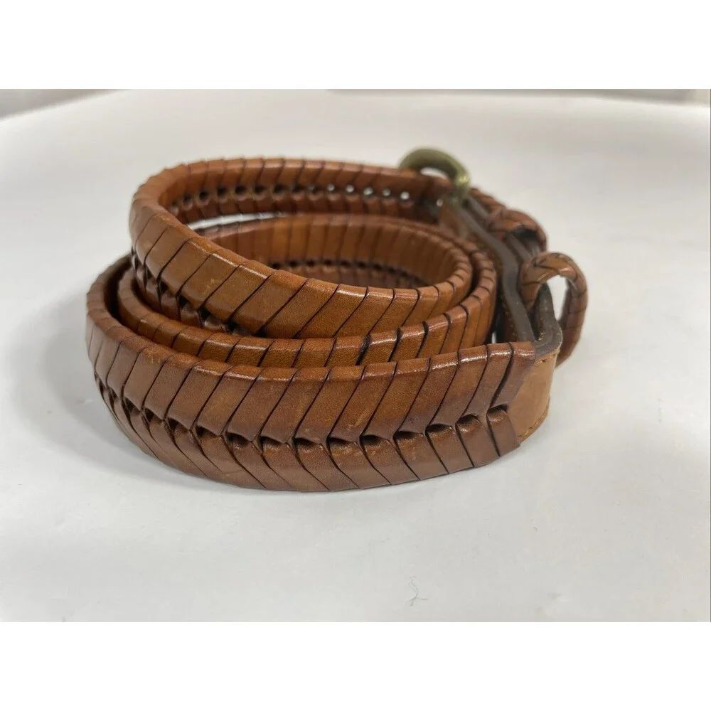 Tan Brown Braided Leather Belt Brass Buckle Women's Size 34 65106